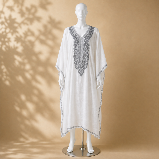 Women's White Grey chiffon kaftan with elegant Kashmiri Aari embroidery