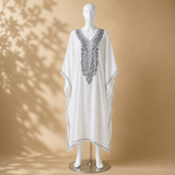 Women's White Grey chiffon kaftan with elegant Kashmiri Aari embroidery