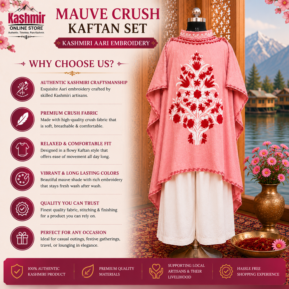 Rani Pink Crush Kaftan Set – Kashmiri Aari Embroidery (Size 30)