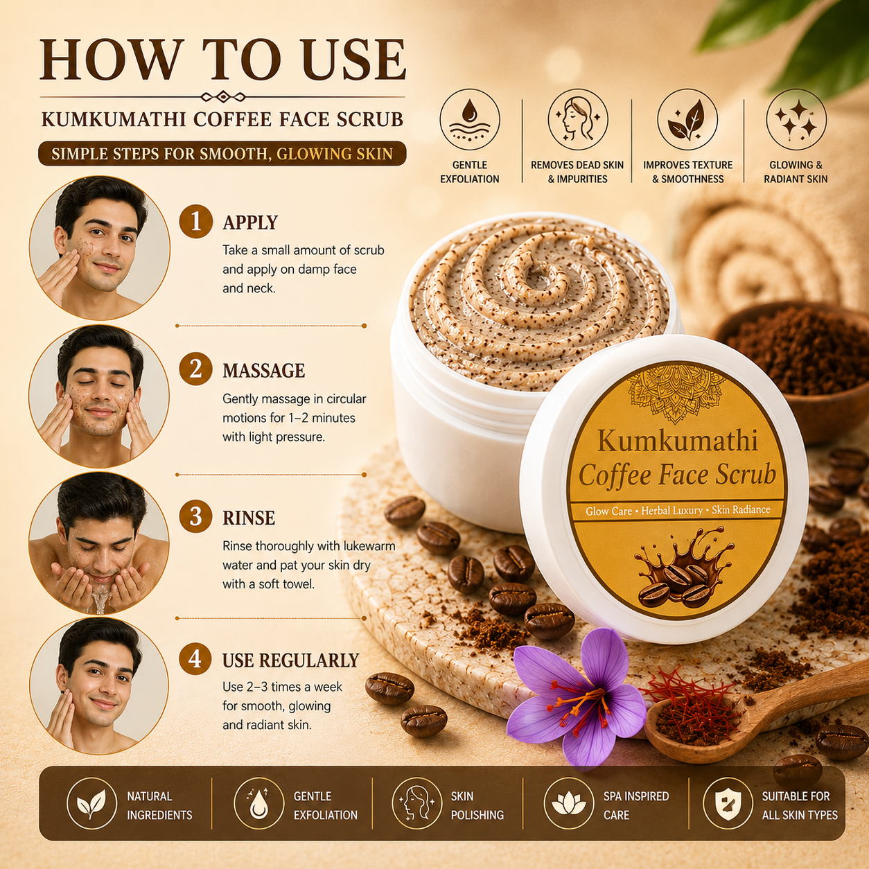 Herbal face scrub with Kumkumadi and coffee