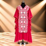 Crimson Red Aari Embroidered Kashmiri Crush Long Kaftan