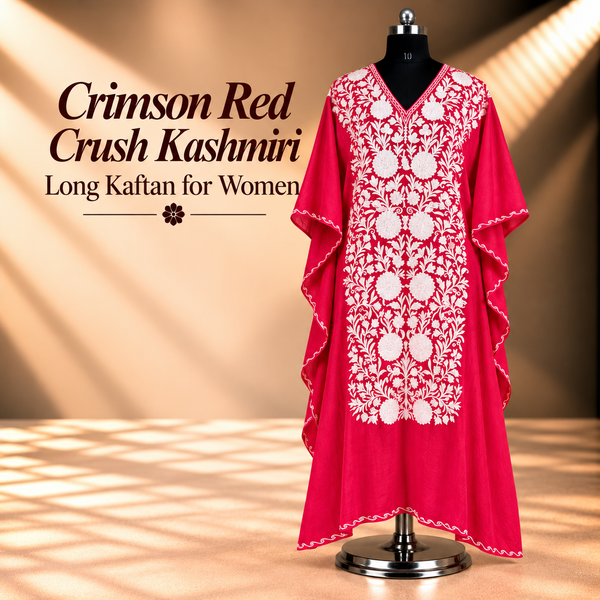 Crimson Red Crush Kashmiri Long Kaftan for Women | Aari Embroidered Kashmiri Ethnic Wear