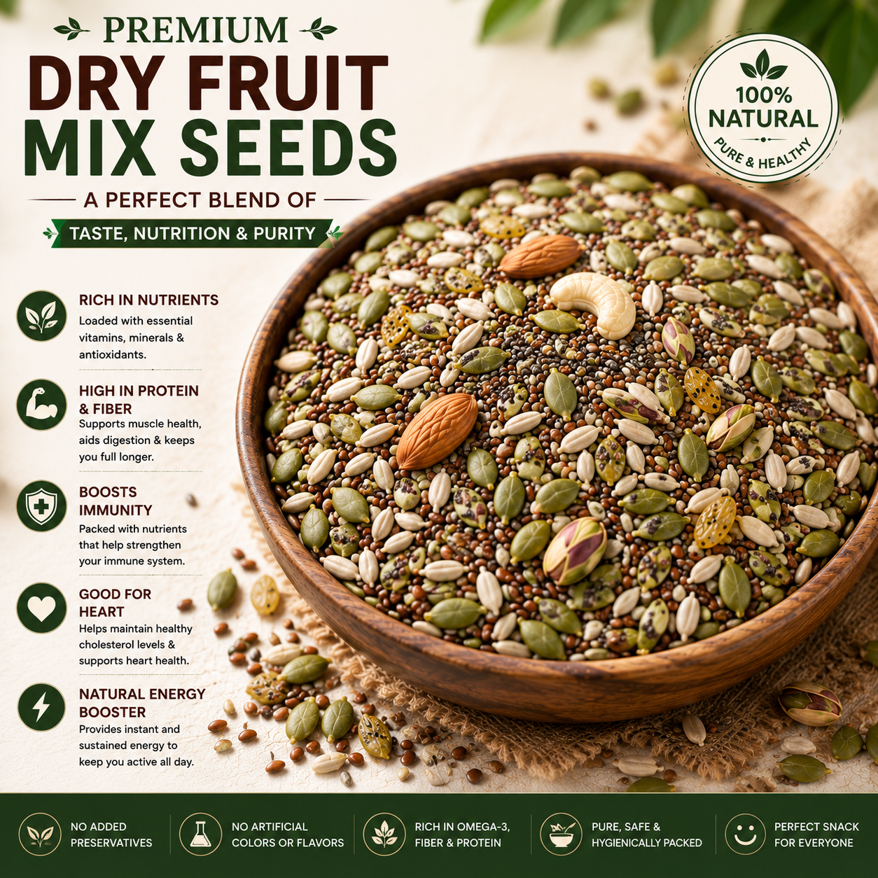 Premium dry fruit mix seeds with Kashmiri almonds cashews pista raisins chia pumpkin and flax seeds