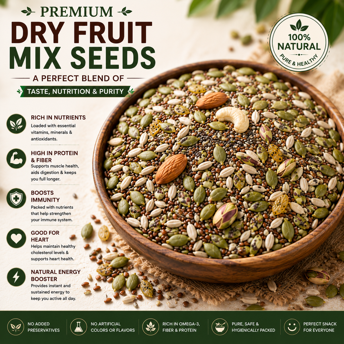 Premium dry fruit mix seeds with Kashmiri almonds cashews pista raisins chia pumpkin and flax seeds