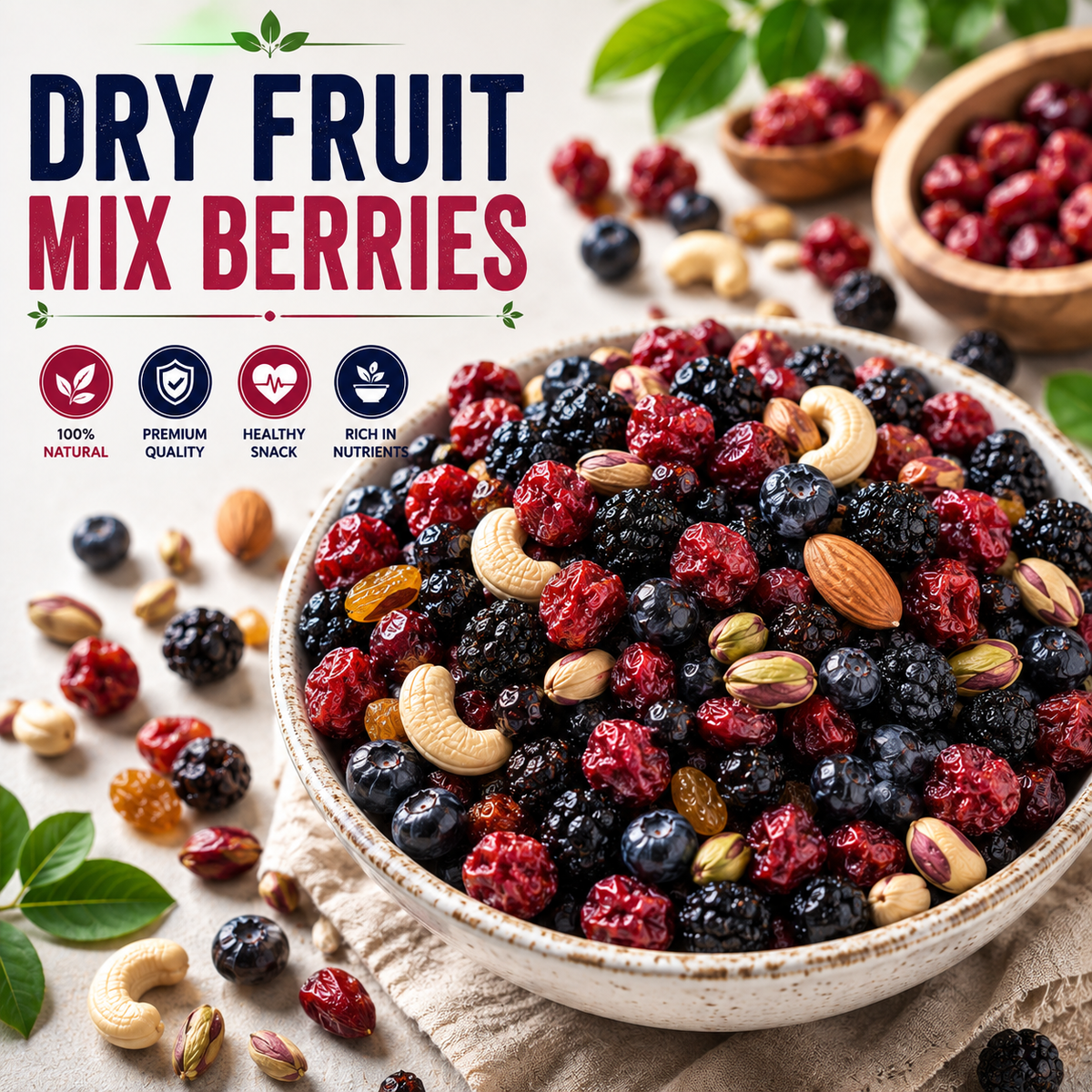 Premium dry fruit mix with blueberry blackberry and rose berry for a delicious snack