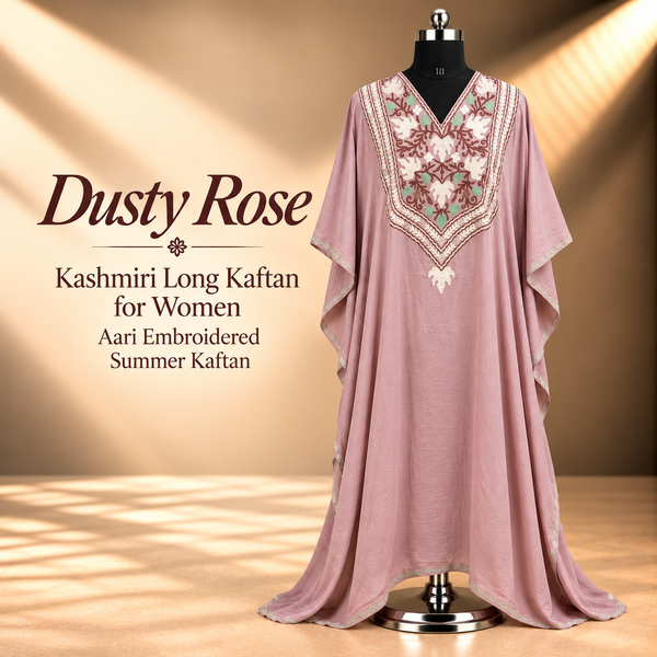 Dusty Rose Kashmiri Long Kaftan for Women | Aari Embroidered Summer Kaftan | Cotton Kashmiri Ethnic Wear