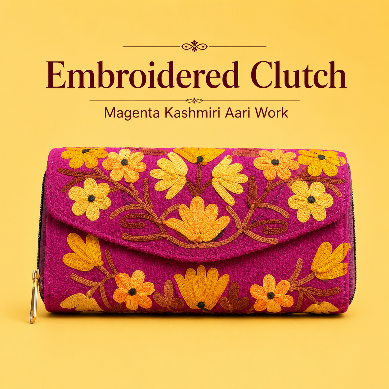 Magenta embroidered clutch with intricate Kashmiri Aari work detailing
