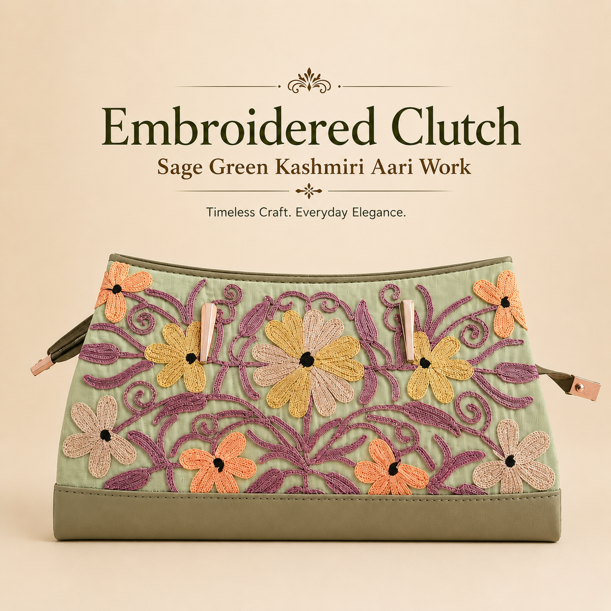 Sage Green embroidered clutch with elegant Kashmiri Aari work detailing