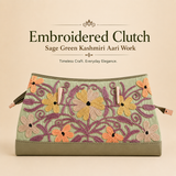Sage Green embroidered clutch with elegant Kashmiri Aari work detailing