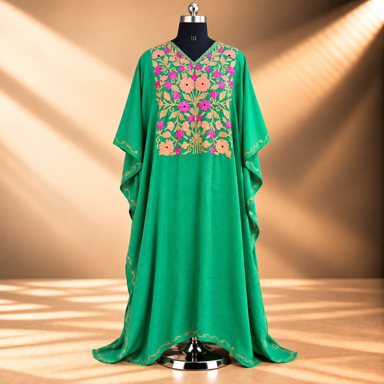 Emerald Green Aari Embroidered Crush Kashmiri Long Kaftan