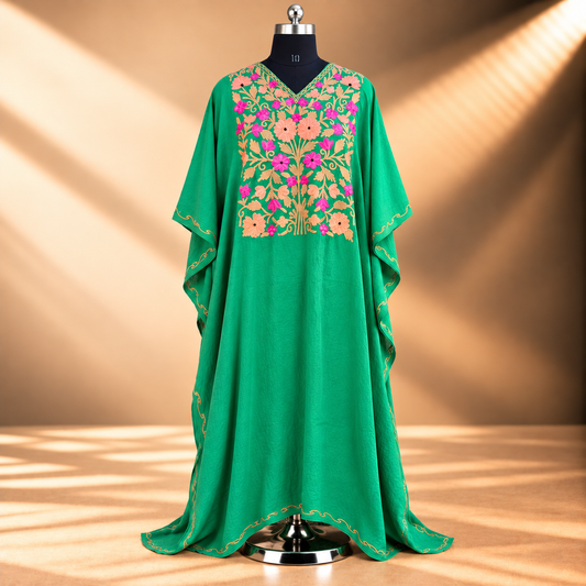 Emerald Green Aari Embroidered Crush Kashmiri Long Kaftan