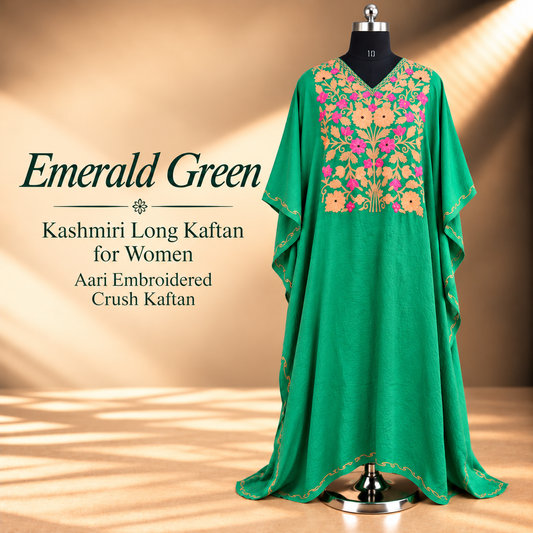 Emerald Green Kashmiri Long Kaftan for Women with Aari Embroidery