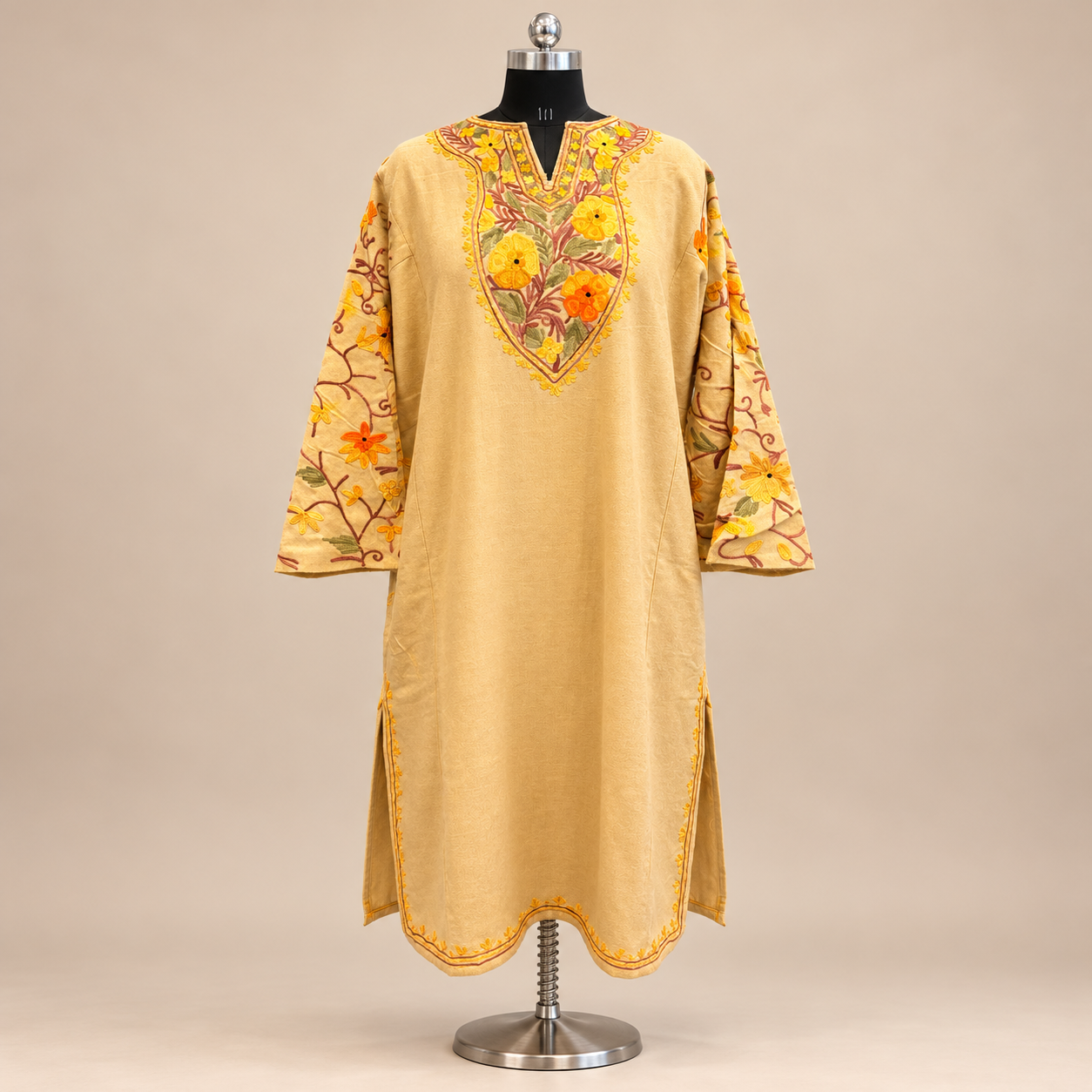 Fawn Kashmiri Pheran with Traditional Aari Embroidery
