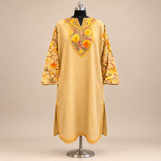 Fawn Kashmiri Pheran with Traditional Aari Embroidery