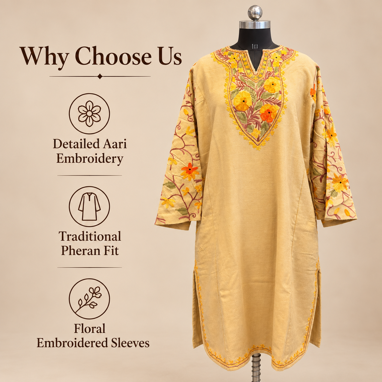 Traditional Fawn Kashmiri Pheran for Ladies