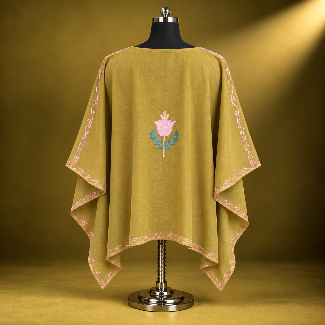 Mehandi Pastel Kashmiri Kaftan with Floral Aari Work
