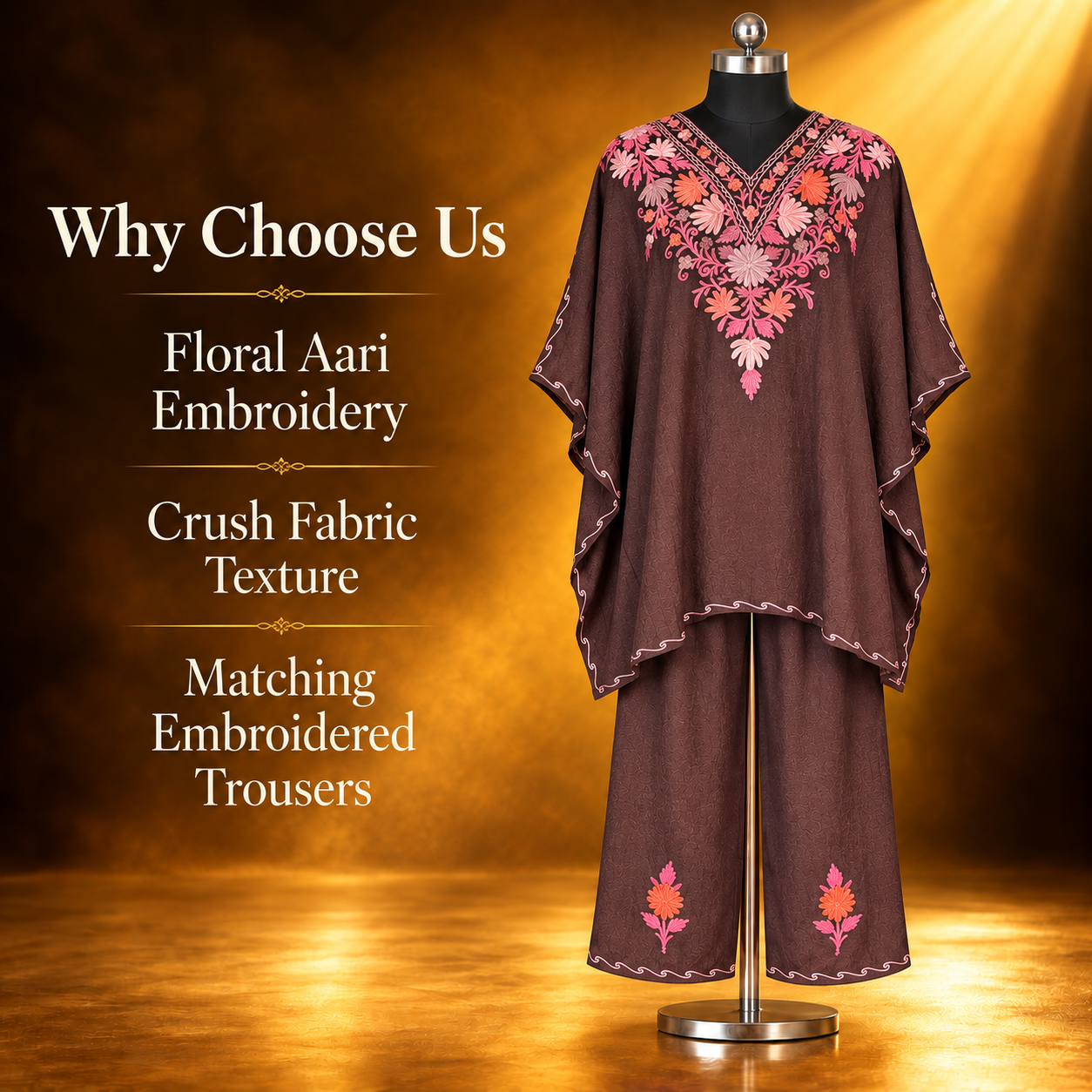 Kashmiri Brown Pink Floral Kaftan and Trouser Set
