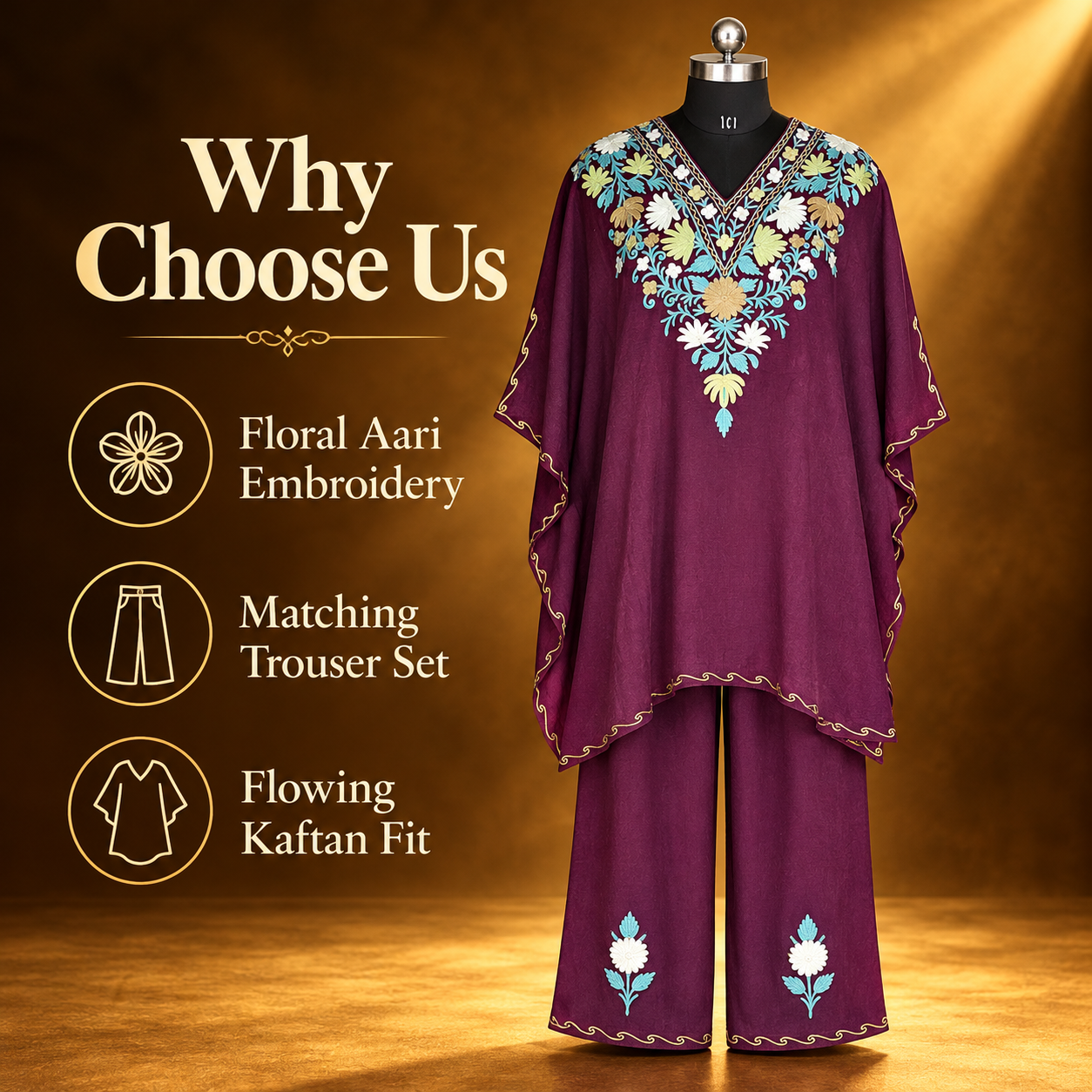 Kashmiri Wine Purple Floral Kaftan and Trouser Set