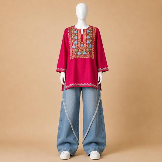 Fuchsia Pink Aari-Style Embroidered Designer Kashmiri Kurti