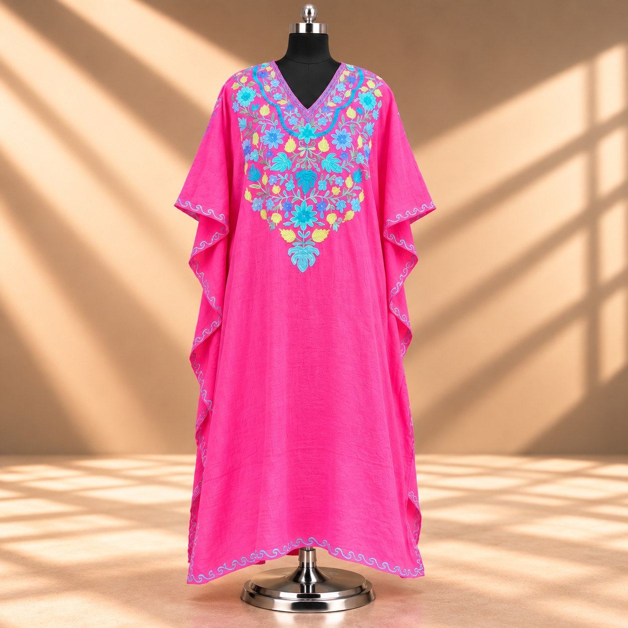 Fuchsia Pink Aari Embroidered Kashmiri Crush Long Kaftan