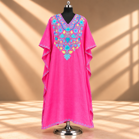 Fuchsia Pink Aari Embroidered Kashmiri Crush Long Kaftan