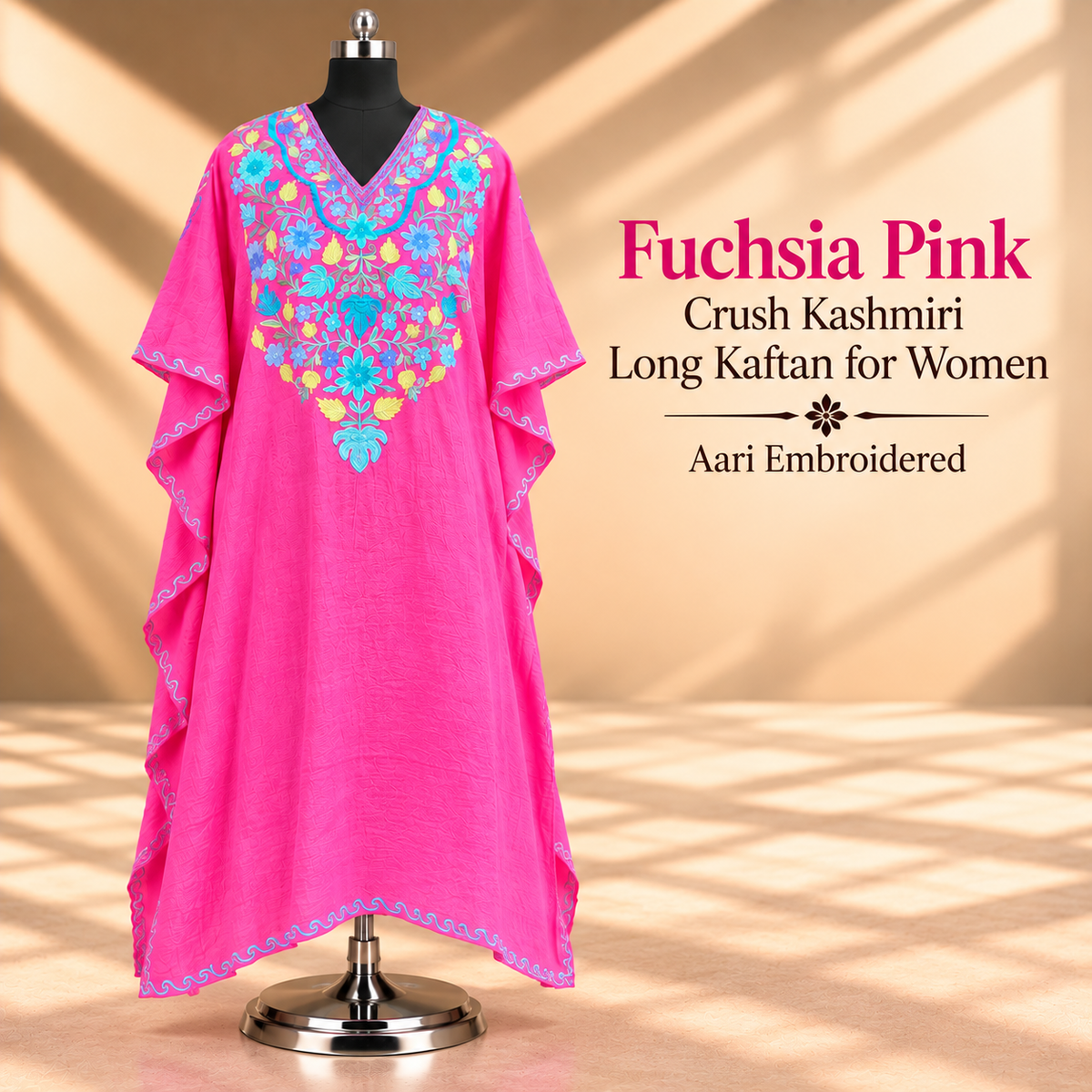 Fuchsia Pink Crush Kashmiri Long Kaftan for Women with Aari Embroidery