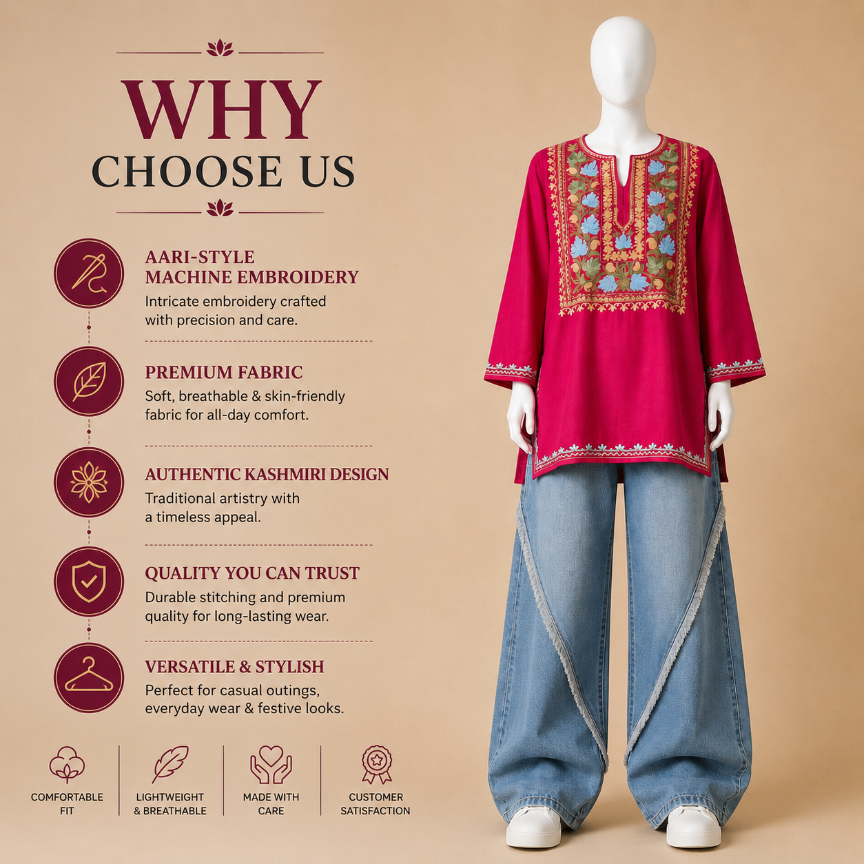 Fuchsia Pink Kashmiri Aari Embroidered Short Kurti