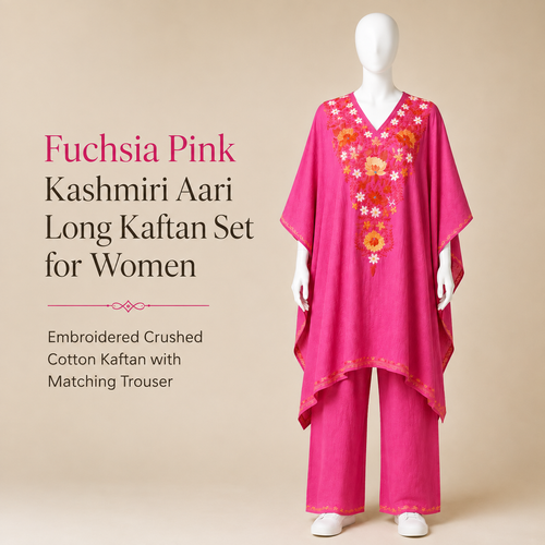 Fuchsia Pink Kashmiri Aari Long Kaftan Set for Women | Machine Embroidered Crushed Cotton Kaftan with Matching Trouser