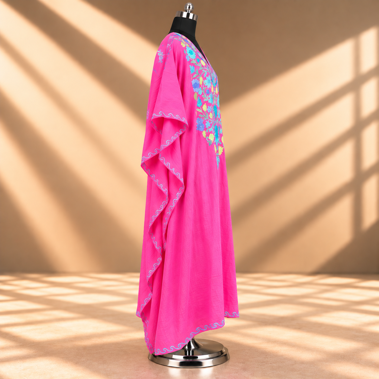 Fuchsia Pink Kashmiri Long Kaftan with Aari Work