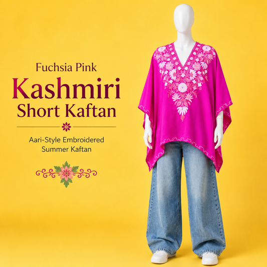 Fuchsia Pink Kashmiri short kaftan for women with elegant Aari-style embroidery