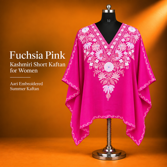 Fuchsia Pink Aari Embroidered Kashmiri Short Kaftan for Women