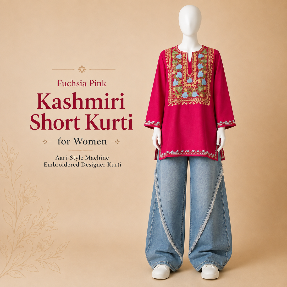 Fuchsia Pink Kashmiri Short Kurti for Women with Aari-Style Machine Embroidery