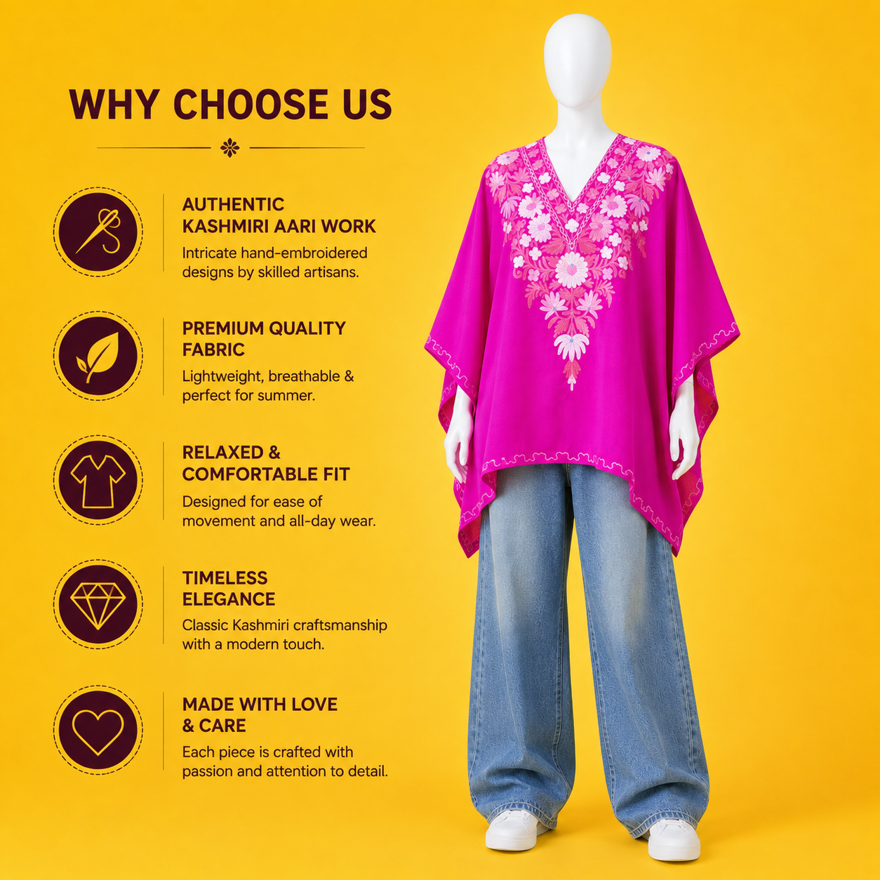 Elegant Fuchsia Pink Kashmiri kaftan with traditional Aari embroidered work