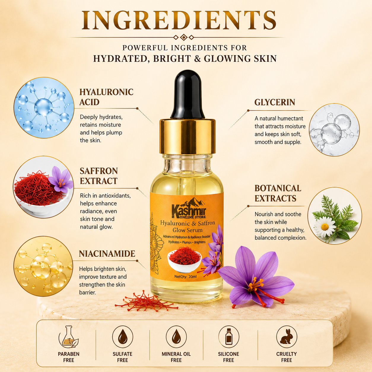 Hyaluronic acid face serum with saffron extract