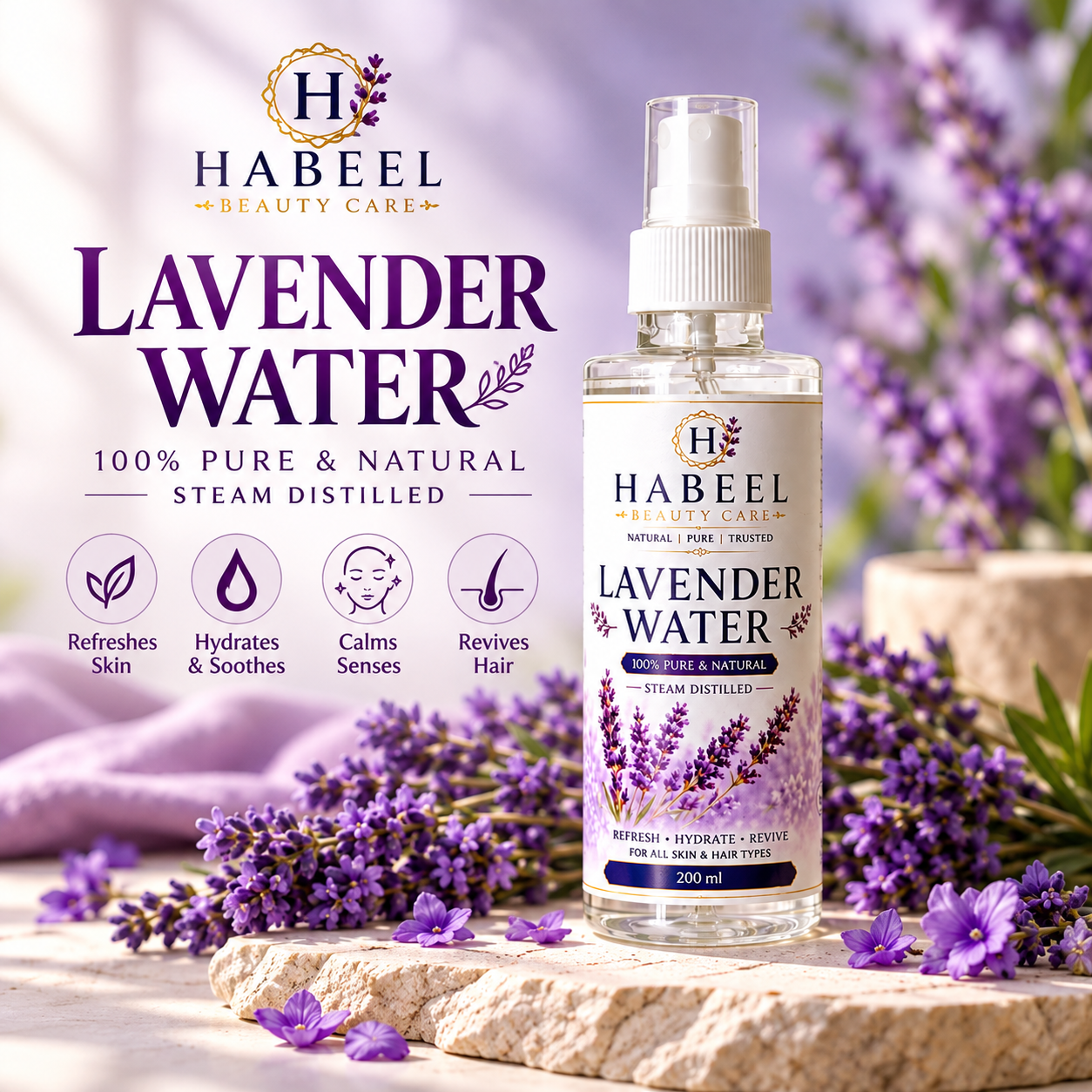 Habeel Lavender Water 200ml Steam-Distilled Lavender Mist