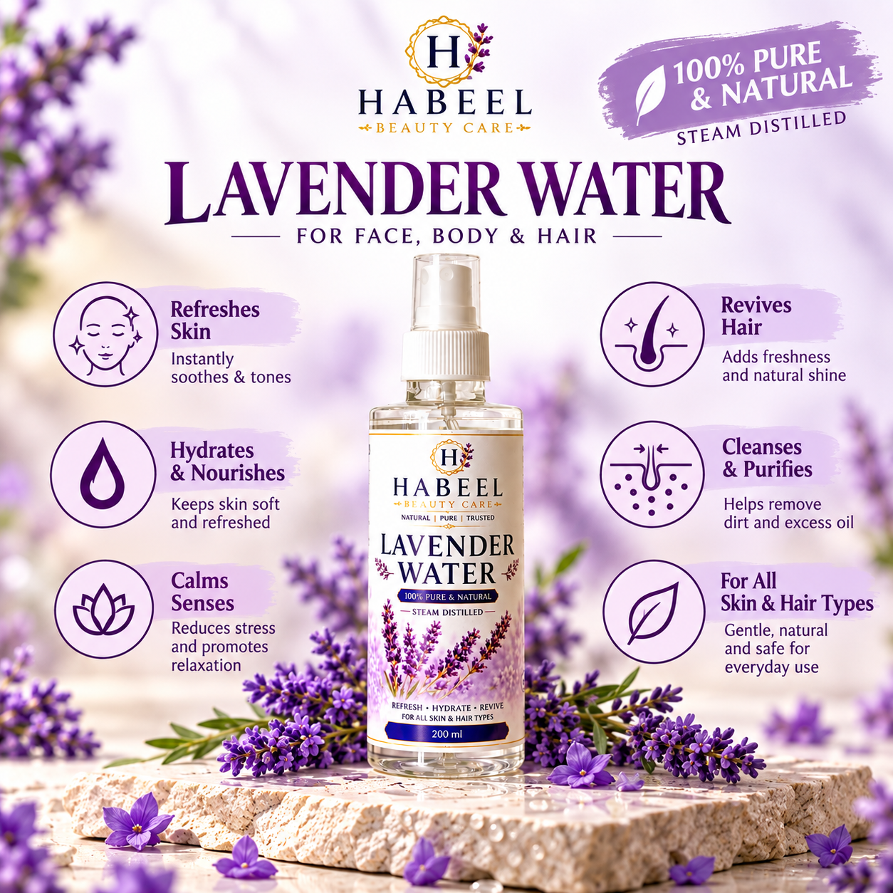 Pure Steam-Distilled Lavender Water 200ml by Habeel