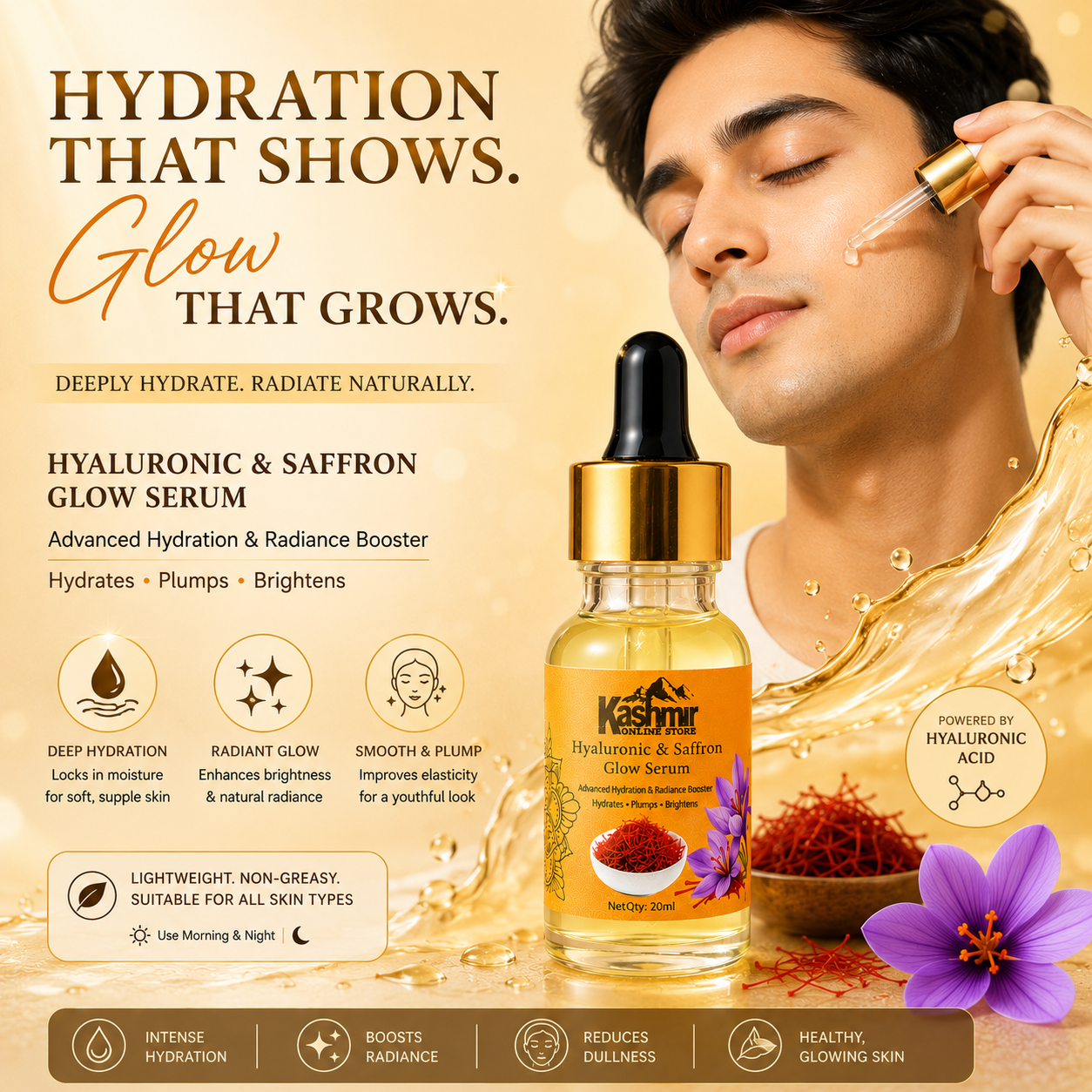 Saffron hyaluronic serum for bright healthy skin