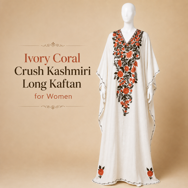 Ivory Coral Crush Kashmiri Long Kaftan for Women | Aari-Style Machine Embroidered Kashmiri Ethnic Wear