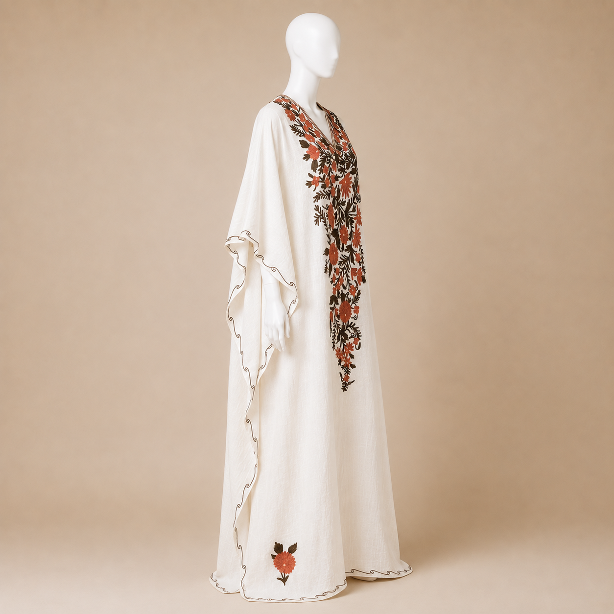 Ivory Coral Kashmiri long kaftan featuring intricate Aari-style embroidered detailing