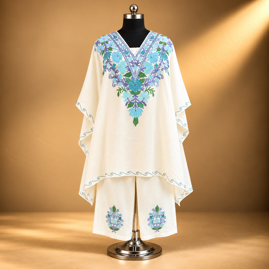 Ivory Crush Aari Embroidered Kashmiri Kaftan Set