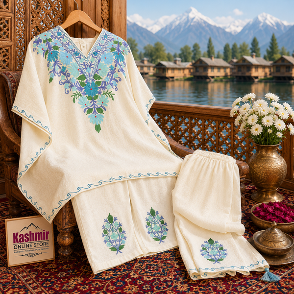 Ivory Crush Kashmiri Kaftan Set for Women | Aari-Style Machine Embroidered Kaftan with Matching Bottom | Kashmiri Ethnic Wear