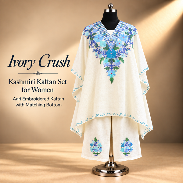 Ivory Crush Kashmiri Kaftan Set for Women | Aari Embroidered Kaftan with Matching Bottom | Kashmiri Ethnic Wear