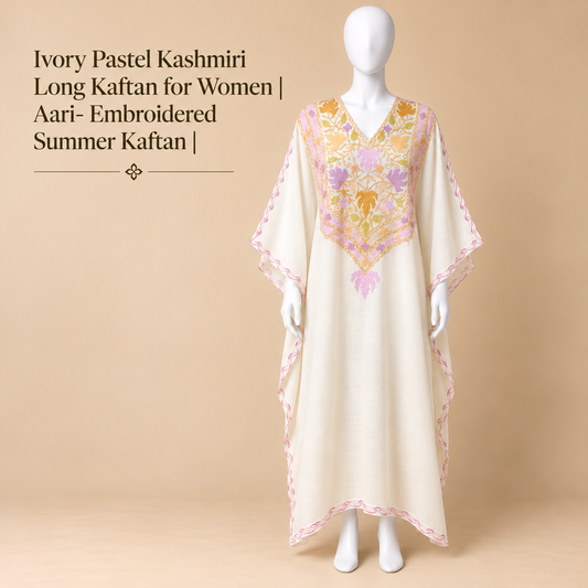 Ivory Pastel Kashmiri Long Kaftan for Women with Aari Embroidery