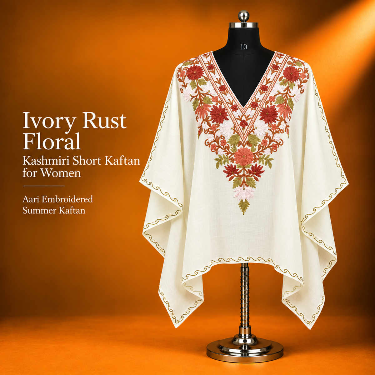 Ivory Rust Floral Aari Embroidered Kashmiri Short Kaftan for Women