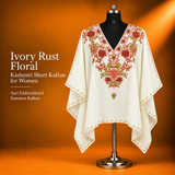 Ivory Rust Floral Aari Embroidered Kashmiri Short Kaftan for Women