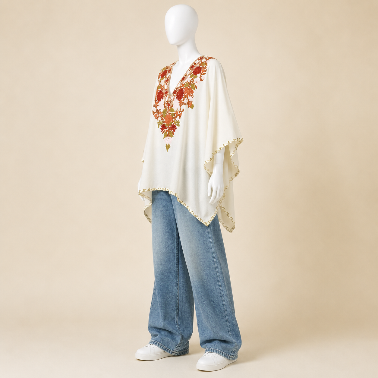Ivory Rust Kashmiri ethnic short kaftan featuring beautiful floral embroidery