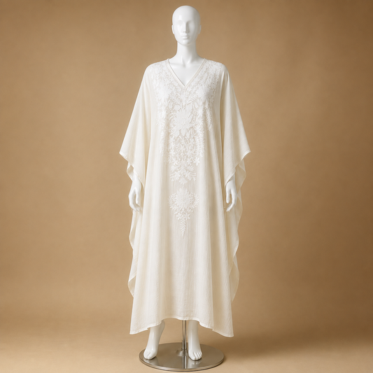 Ivory Tonal Kashmiri long kaftan for women with elegant Aari embroidery