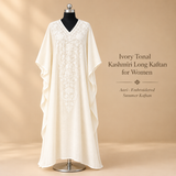 Elegant Ivory Tonal Kashmiri kaftan with delicate Aari embroidered detailing