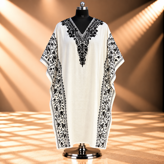 Ivory White Aari Embroidered Kashmiri Long Kaftan