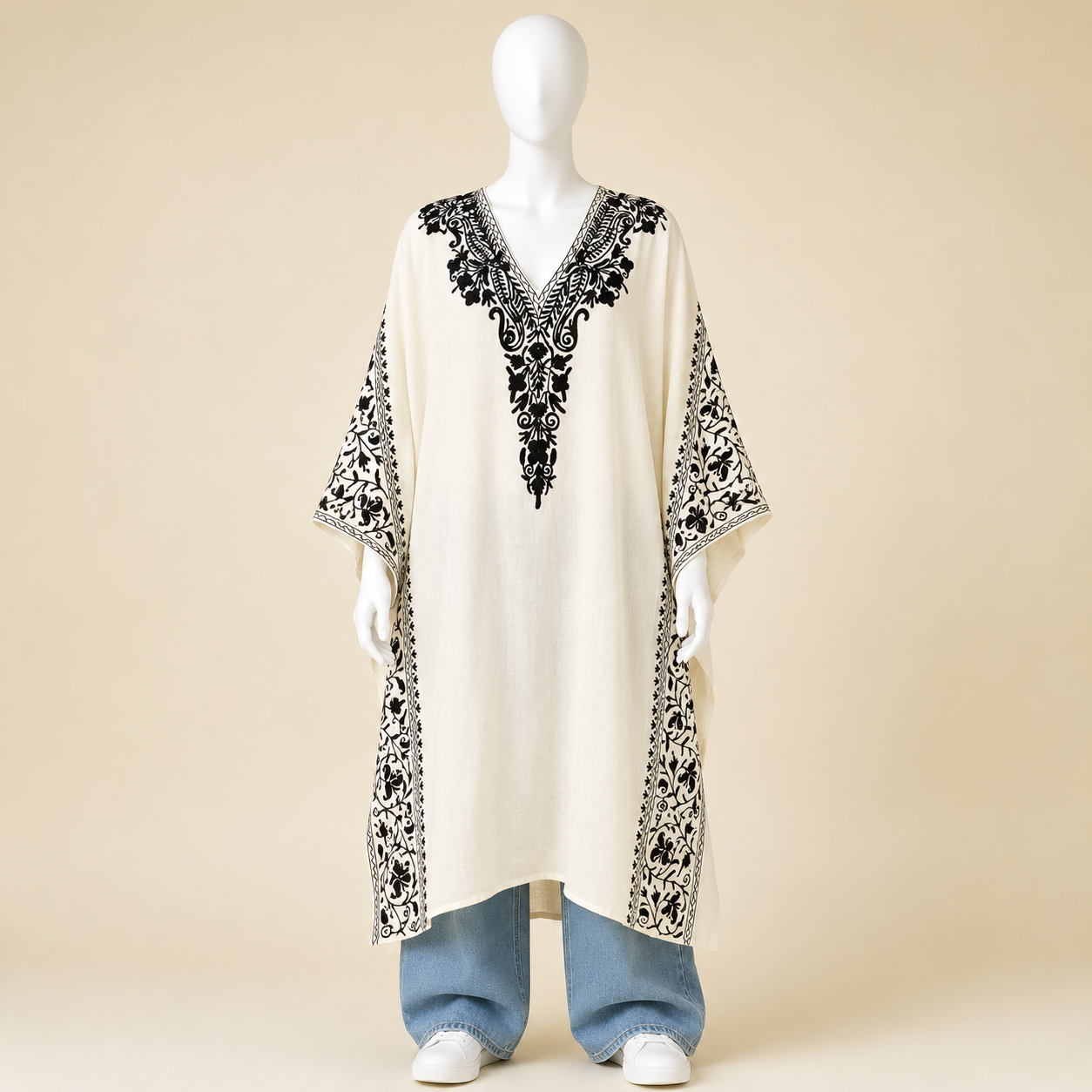 Ivory White Kashmiri Aari long kaftan for women with elegant embroidery